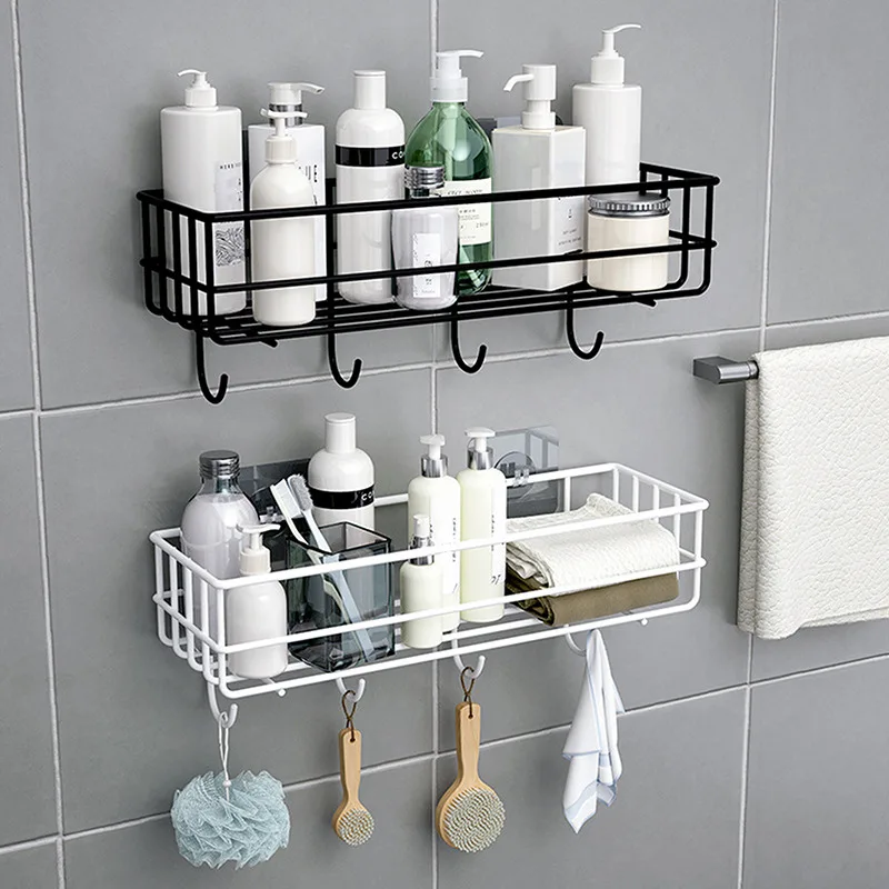 

Wall Mounted Bathroom Shelves Floating Shelf Shower Hanging Basket Shampoo Holder WC Accessories Kitchen Seasoning Storage Rack1