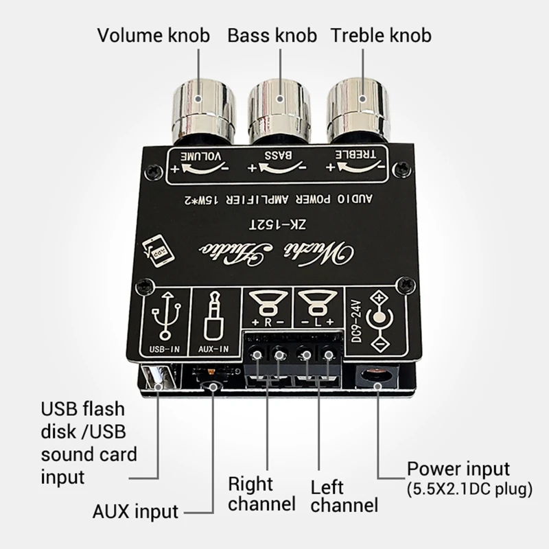 

ZK-152T Bluetooth-Compatible Digital Amplifier Board Stereo Board 9-24V 2.0 Channel 15W+15W for Store Theater Home