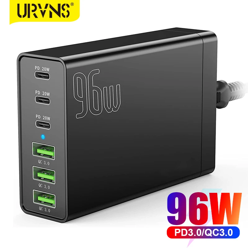 Настольная USB-зарядная станция URVNS 96 Вт 6 портов с 3 USB-C портами и QC3.0 PD 20 быстрое