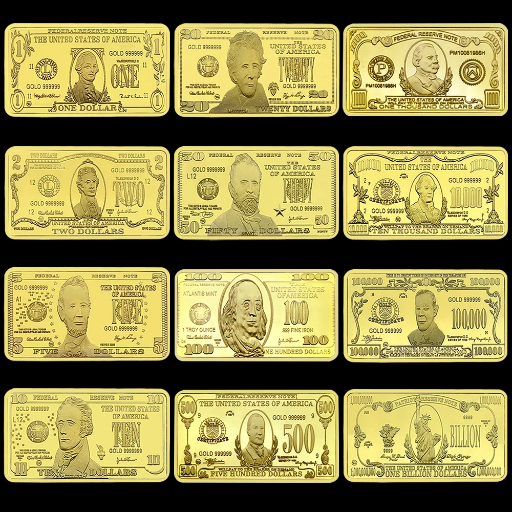

12 Pcs/set Gold Nugget US President Liberty Gold Bar Gold Plated Square Commemorative Coin with Plastic Case Collect Gift