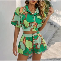 summer clothes green leaf print shorts sets streetwear crop blouse beach suit a line womens shorts and blouse sexy female set
