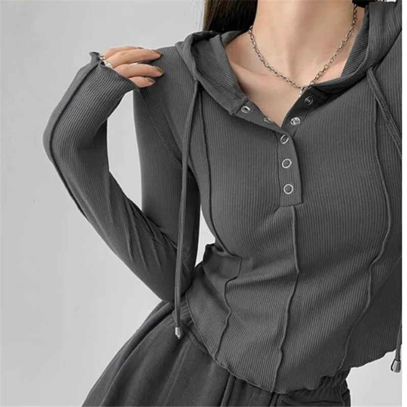 

Hooded Slim Long Sleeve T-shirts Women Minimalist Chic Sexy College Girls Autumn Ins Sporty Ulzzang Streetwear Fashion Young New