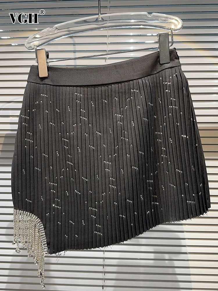 

VGH Folds Patchwork Diamonds Skirt For Women High Waist Spliced Tassel Bodycon Solid Temperament Skirts Female Clothing Style