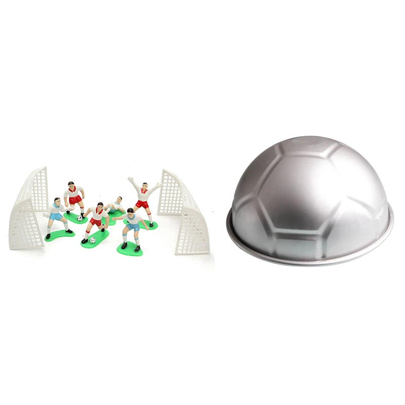 

8PCS Soccer Football Cake Topper Player Decoration Tool & 1 PCS 3D Half Round Ball Shaped Football Cake Mold 8 Inch