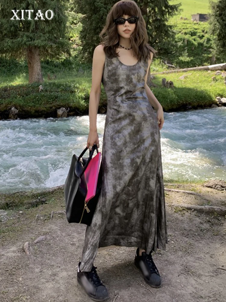 

XITAO Print Sleeveless O-neck Dress Casual Fashion Elegant 2023 Autumn Women New Pullover All-match A-line Dress HQQ1330