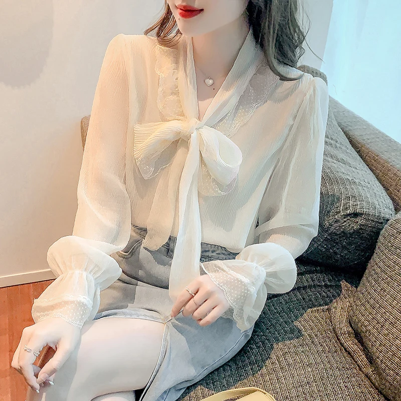 

Женская шифоновая блузка со шнуровкой, с длинным рукавом