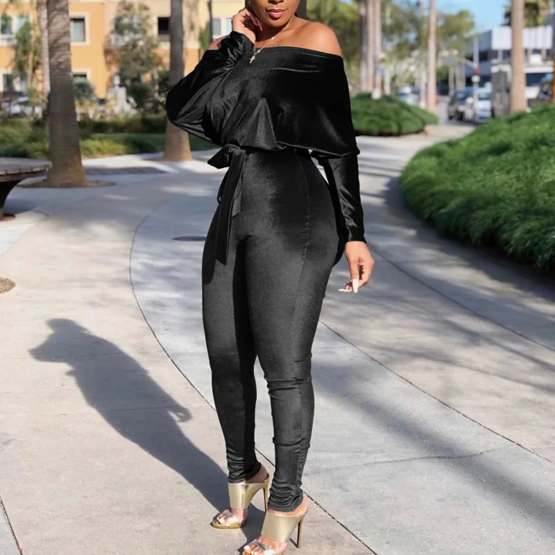 2023 Spring Autumn Velvet Jumpsuit Rompers Elegant Women Long Sleeve Slash Neck Bodycon Skinny Streetwear Romper Outfits