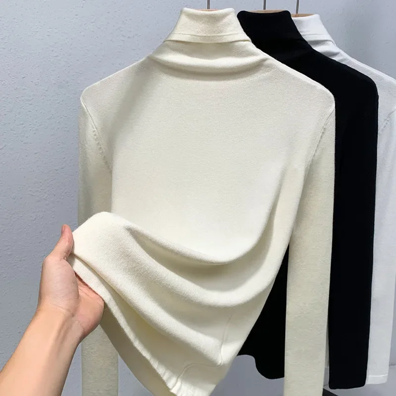 Women's Polo/Turtle Neck Knit Base Layer Top 2023 New Style European Simple Pullover Sweater Warm Inner Waist-Fitted