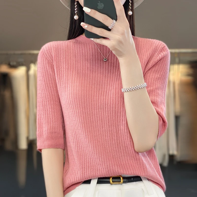 

Women's Pullover Sweater Hot Summer New O-Neck Short Sleeve T-shirt Wool Fine Imitation Knitted Thin Fit Coat Top WOTEEWS brand