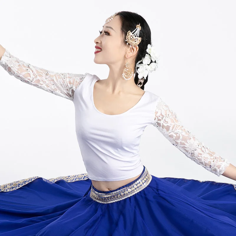 Индийские танцевальные костюмы белая кружевная юбка с длинным рукавом из синей