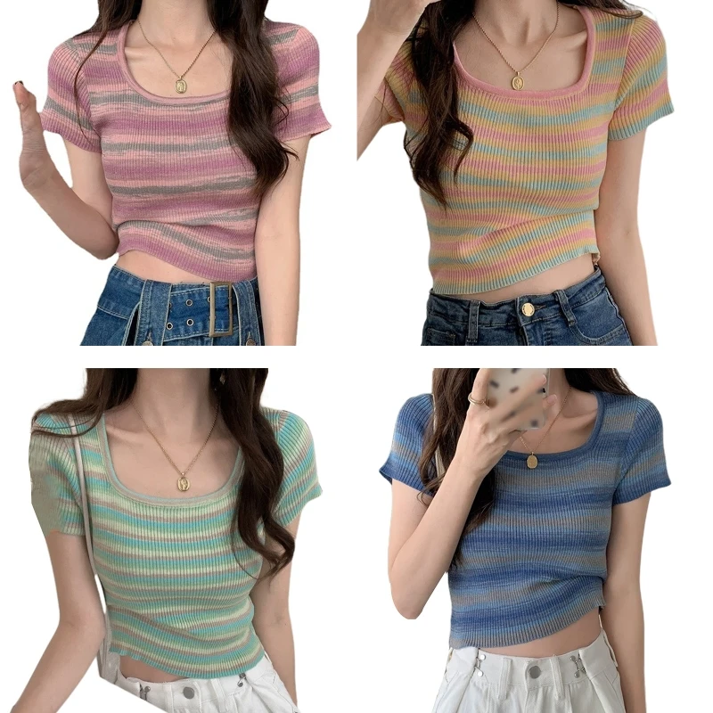 

Women Short Sleeve Square Neck Crop Top Ribbed Knitted Contrast Colored Striped T-Shirt Slim Basic Pullover Tee Blouse
