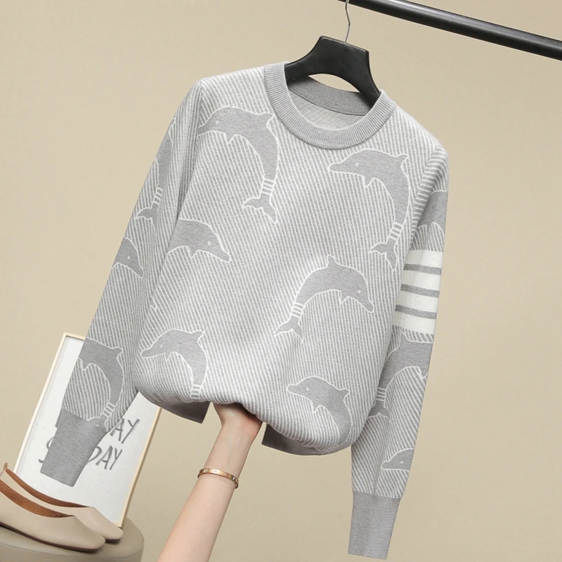 

Pullover Sweater 21 Autumn New Trendy Brand TB British Style Four-bar Dolphin and Whale Jacquard Sweater