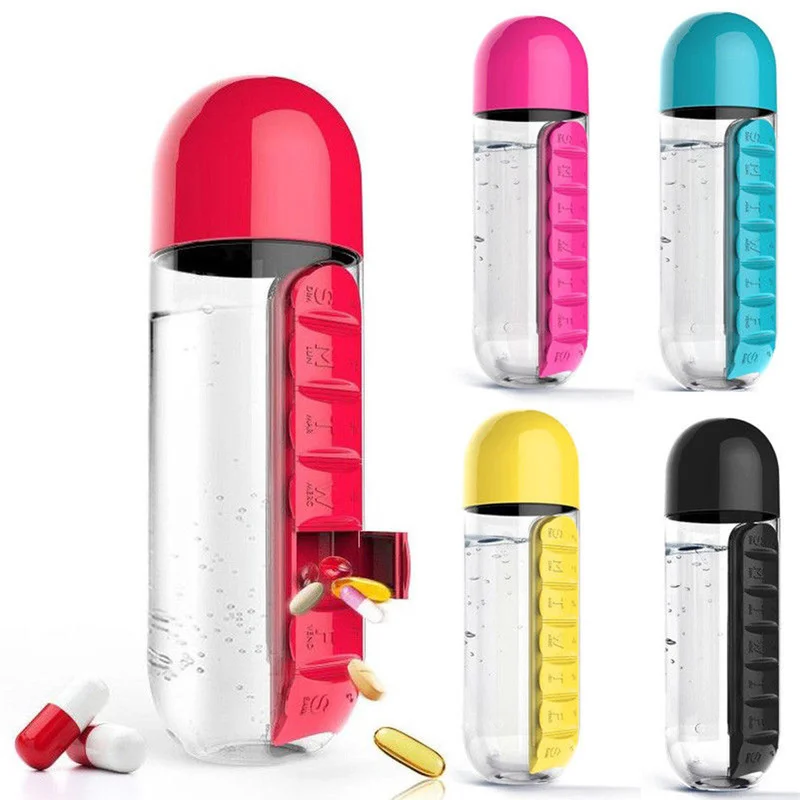 

New Portable 600ML Water Bottle Pill Box 2 in 1 Outdoor Travel Water Bottle Medicine Cup Plastic Bottles cute water bottle