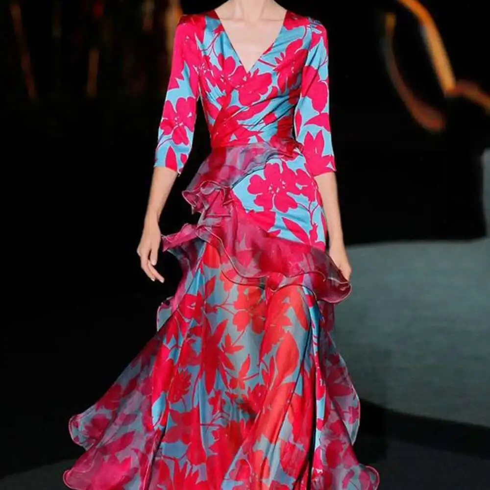 

Summer Style Temperament Womens Red Digital Print V Neck Long Sleeved Dress For Women