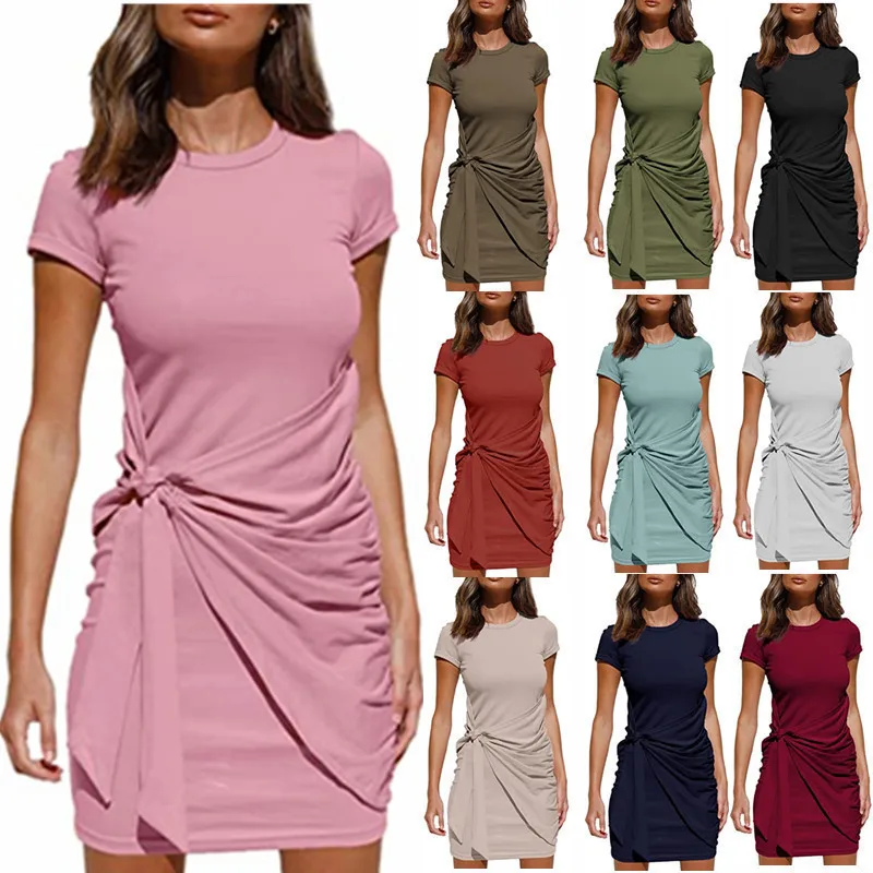 

2022 Short Sleeve Round Neck Pleated Bow Belt Irregular Dress Bandage Dresses Vintage Dresses For Women Plus Size Elegant Skirt
