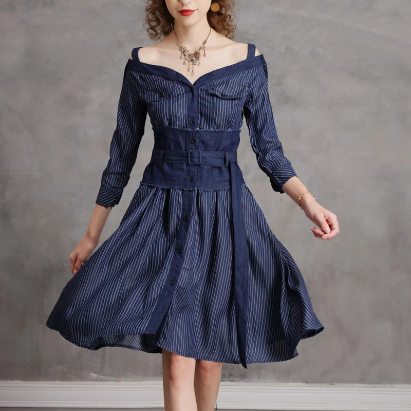 

Женское джинсовое платье без бретелек, элегантное винтажное офисное платье из тенсела с воротником-лодочкой, слитное платье в полоску, 2022