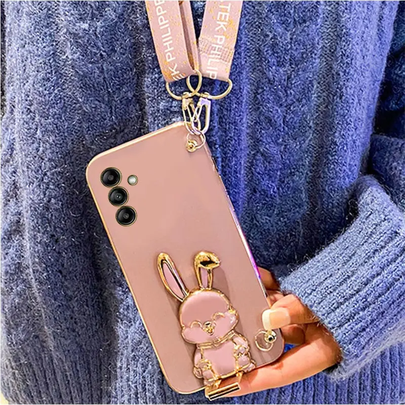 

S23FE Rabbit Holder Lanyard Phone Case For Samsung Galaxy S21 S20 S22 S23 S10 Note 10 20 Plus Ultra Stand Strap Cover