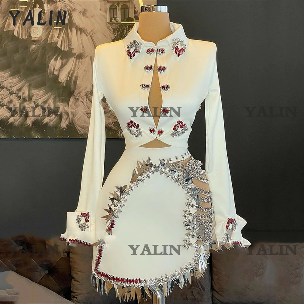

YALIN Gorgeous High Neck Long Sleeves Cocktail Party Dress White Beaded Crystal Mini Prom Dresses 2 Pieces Backless Evening Gown