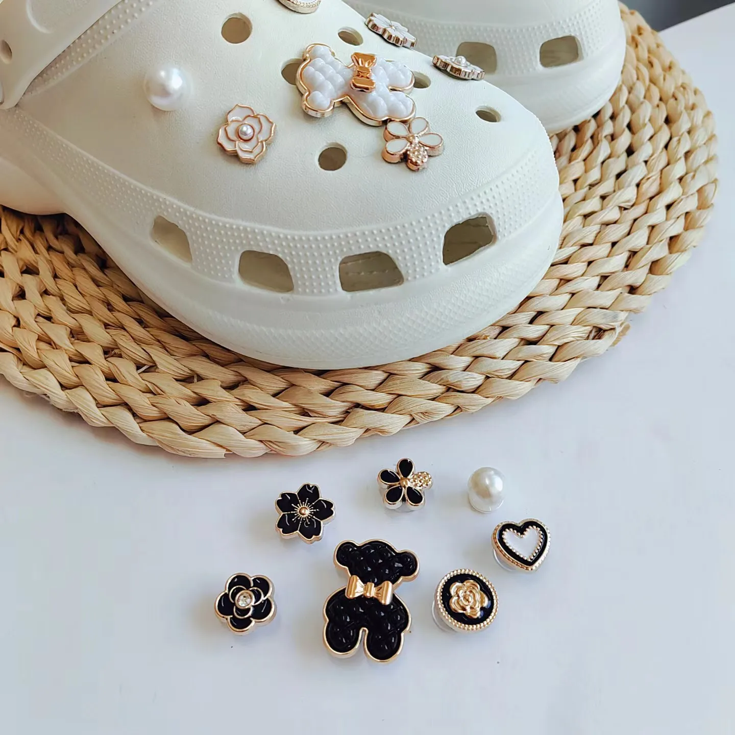 Cute Black White Bear Silver Crocs Charms Fit Jibbitz Shoes Crocs Accessories Set for Girls Boys Kids Women Decoration Cool