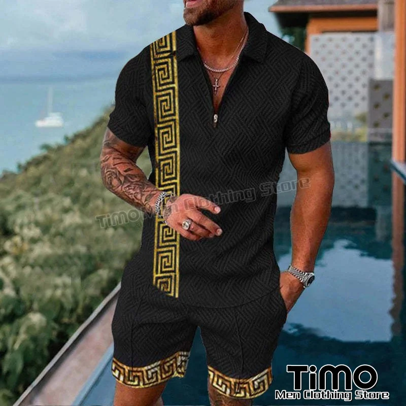 Summer Men's Polo Neck Set Street Fashion Style Pullover+Shorts Suit Party Business Casual Vintage Men's Polo Shirt 2-piece Set