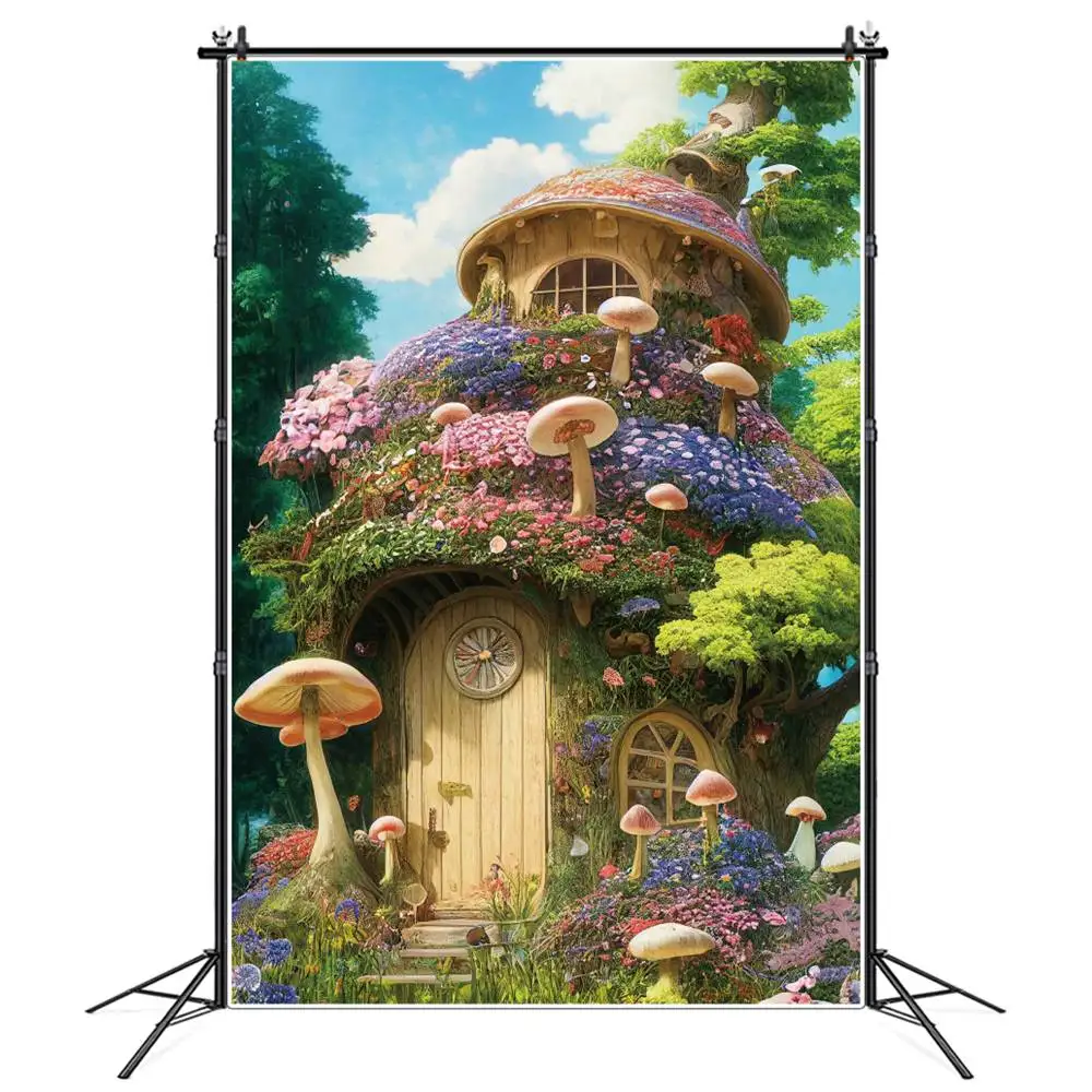 

Fairy Mushroom Photography Backdrops Stand Children Birthday Party Decoration Forest Flowers Castles Cabin Home Photo Background