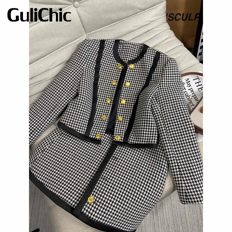

8.23 GuliChic Women Temperament Houndstooth Button Decoration Round Neck Short Jacket Or A-Line Skirt Set