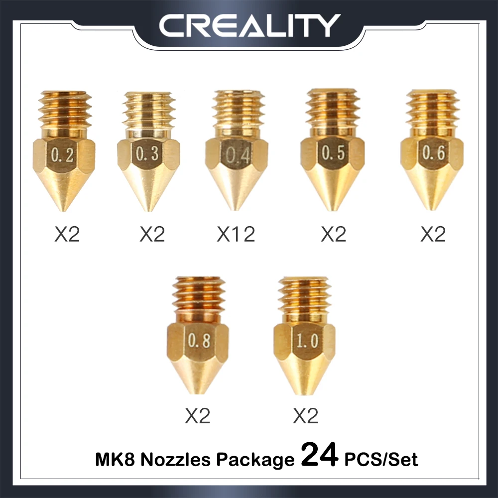 

CRECLITY Original MK8 Nozzles Package 24PCS/Set 0.2/0.3/0.4/0.5/0.6/0.8/1.0mm Brass Nozzle for Ender-3 Series All FDM 3D Print