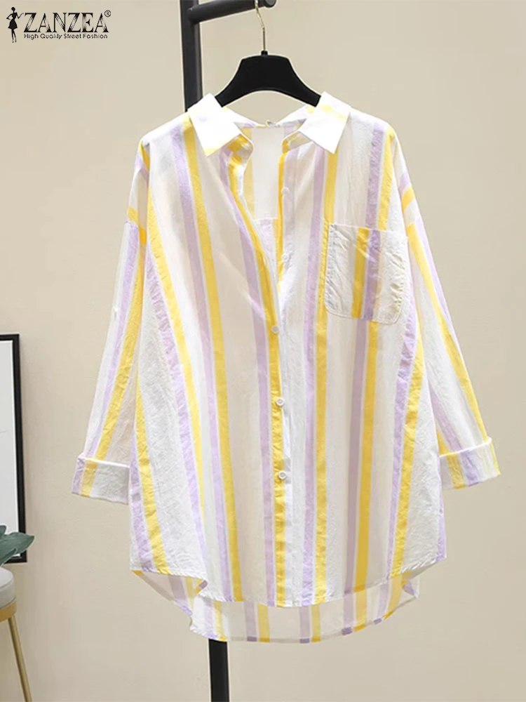 Женская Осенняя офисная блузка с длинным рукавом полосатая рубашка ZANZEA