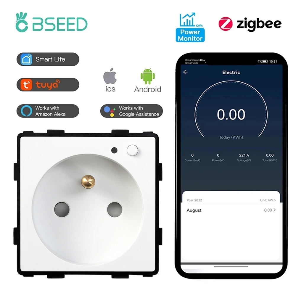 

BSEED Zigbee French Socket Smart Wall plug Power Monitor Function Tuya Smart Life Google Alexa App Control DIY Part Only