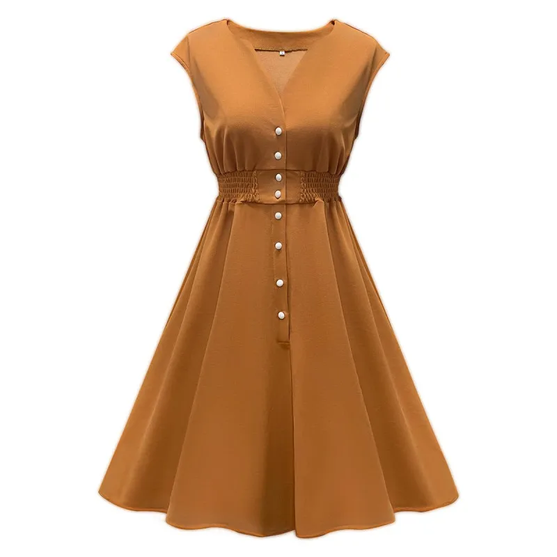 

Женское платье трапециевидной формы без рукавов с v-образным вырезом и пуговицами, Модное Новое однотонное повседневное длинное платье с вы...