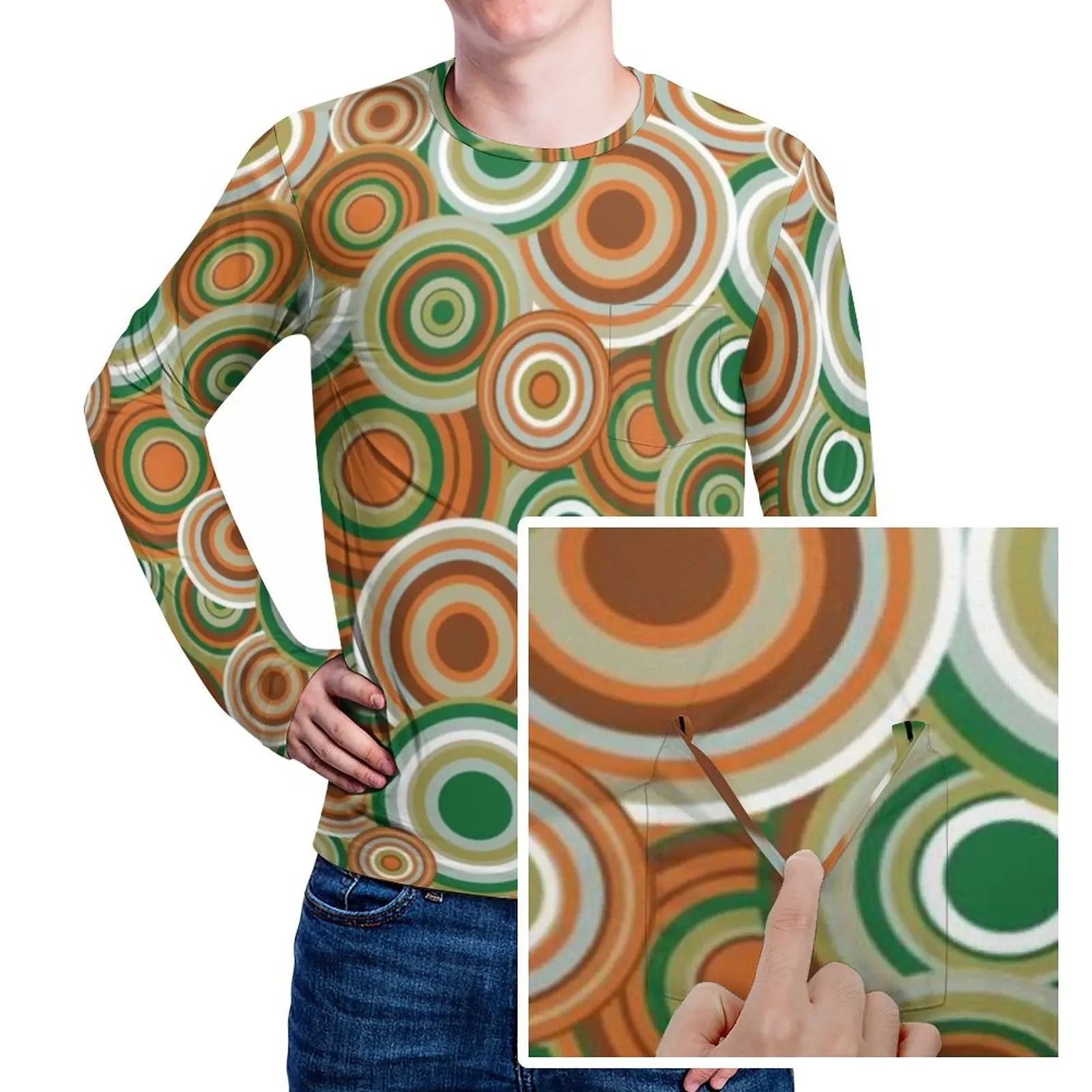 

Retro 70s Circles T-Shirt Psychedelic Pattern Harajuku T-Shirts With Pocket Long Sleeve Graphic Tshirt Autumn EMO Oversized Tees