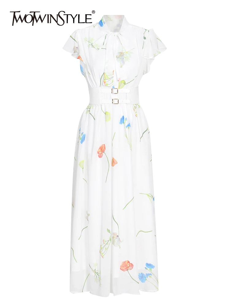 

TWOTWINSTYLE Hit Color Print Dresses For Women Stand Collar Short Sleeve High Waist Lapel Casual Dress Female Summer 2022 New
