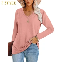 autumn casual fashion v neck cotton t shirt long sleeve loose simple solid color female tee shirt lady top womens clothing 2021