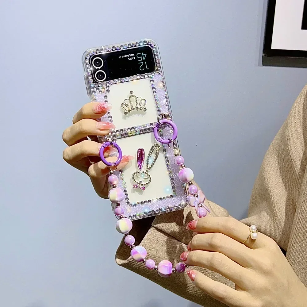 

Милый чехол для телефона с короной и кроликом из бриллиантов для Samsung Galaxy Z Flip 5 4 3, браслет с бусинами конфет, прозрачный чехол с цветами из разноцветных страз