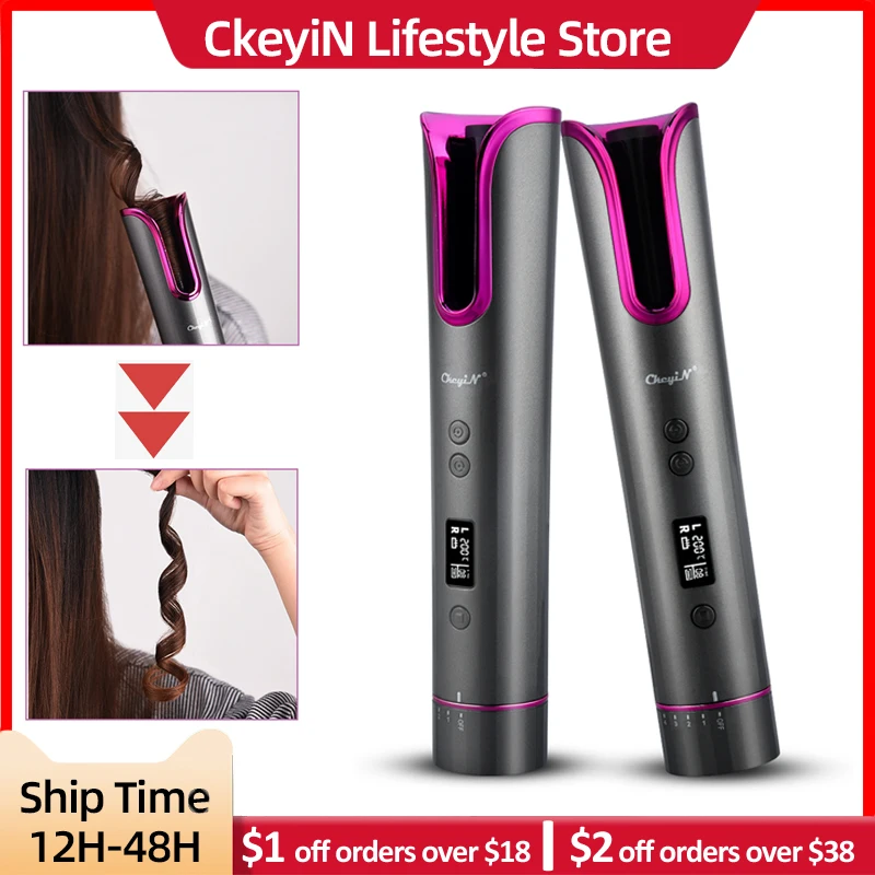 CkeyiN Rechargeable Automatic Hair Curler Portable Hair Curling Iron Ceramic Rotating Curling Wave Styer USB Wireless Curler