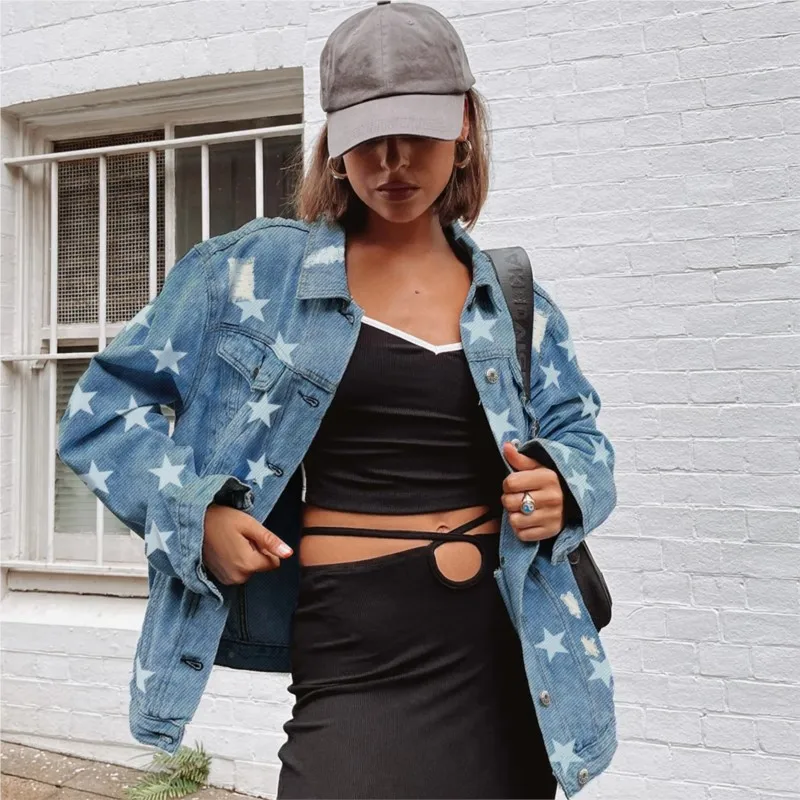 

Casual Five Pointed Star Denim Jacket Women's Trendy Autumn And Winter New Blue Long Sleeved Denim Jacket Top Loose Lapel Coat