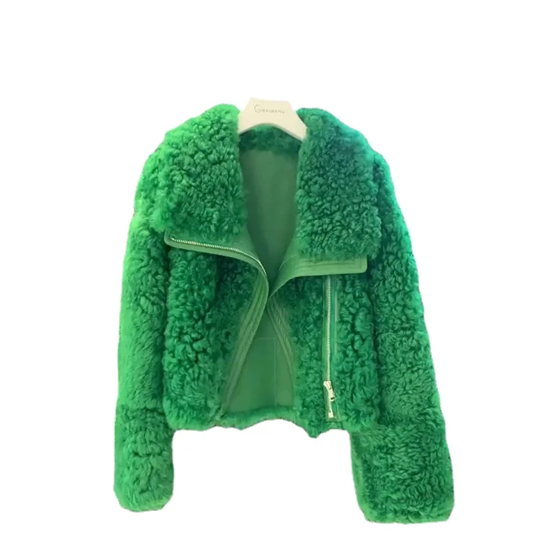 Fashion Green Faux Wool Lamb Fur Coat for Women 2023 Spring Winter New Small Short Woolen Coats Cropped Jacket Femme