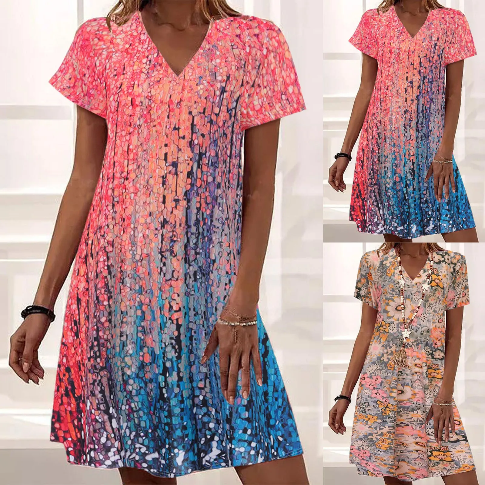 

Женское летнее Повседневное платье-футболка с коротким рукавом, Пляжное мини-платье с цветочным принтом, летние длинные платья для женщин, ...