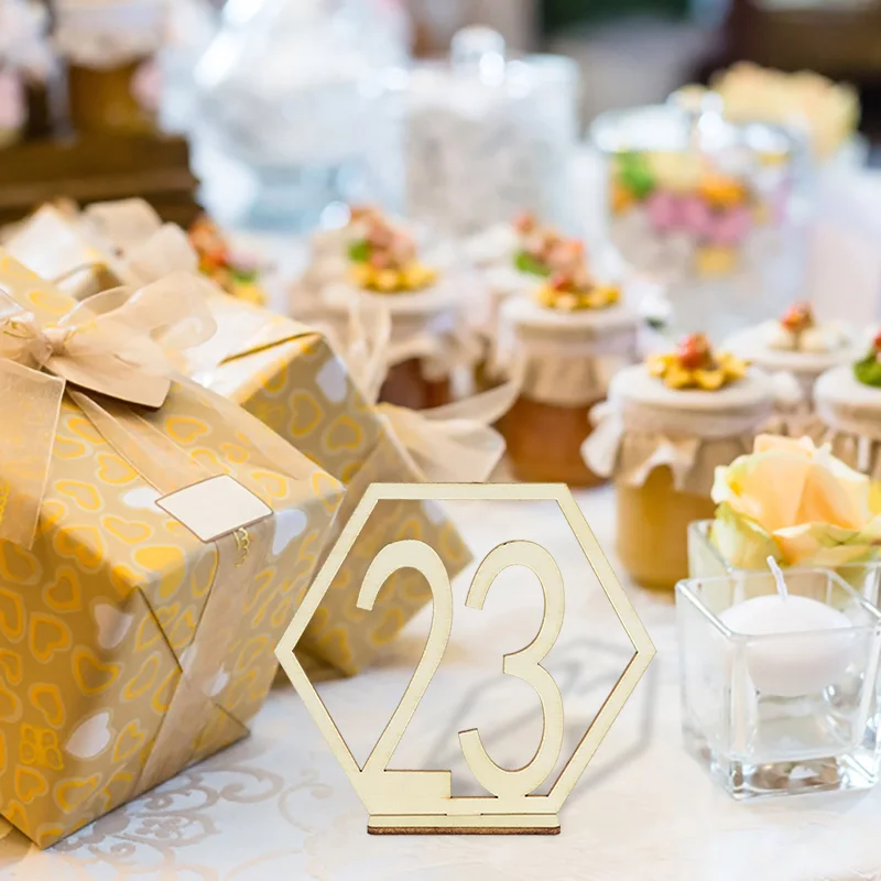 

10pcs Hexagon Number Wooden Table Sign Rustic Wedding Place Card Desktop Decoration Birthday Seat Number Signs Event Supplies