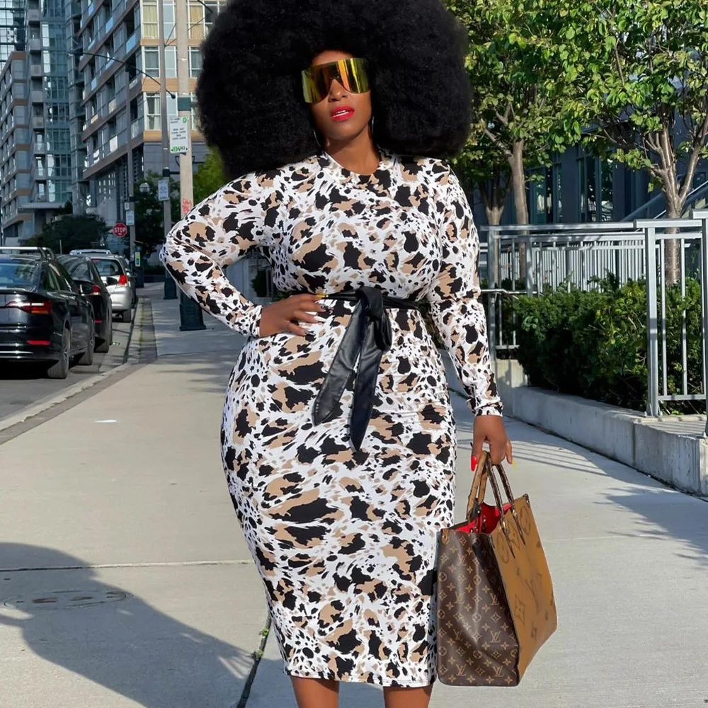 Women's Plus Size Dress Midi Printed Slim Belted Dress Africa Long Sleeve Autumn Spring New Fashion 2022 Office Lady lady africa