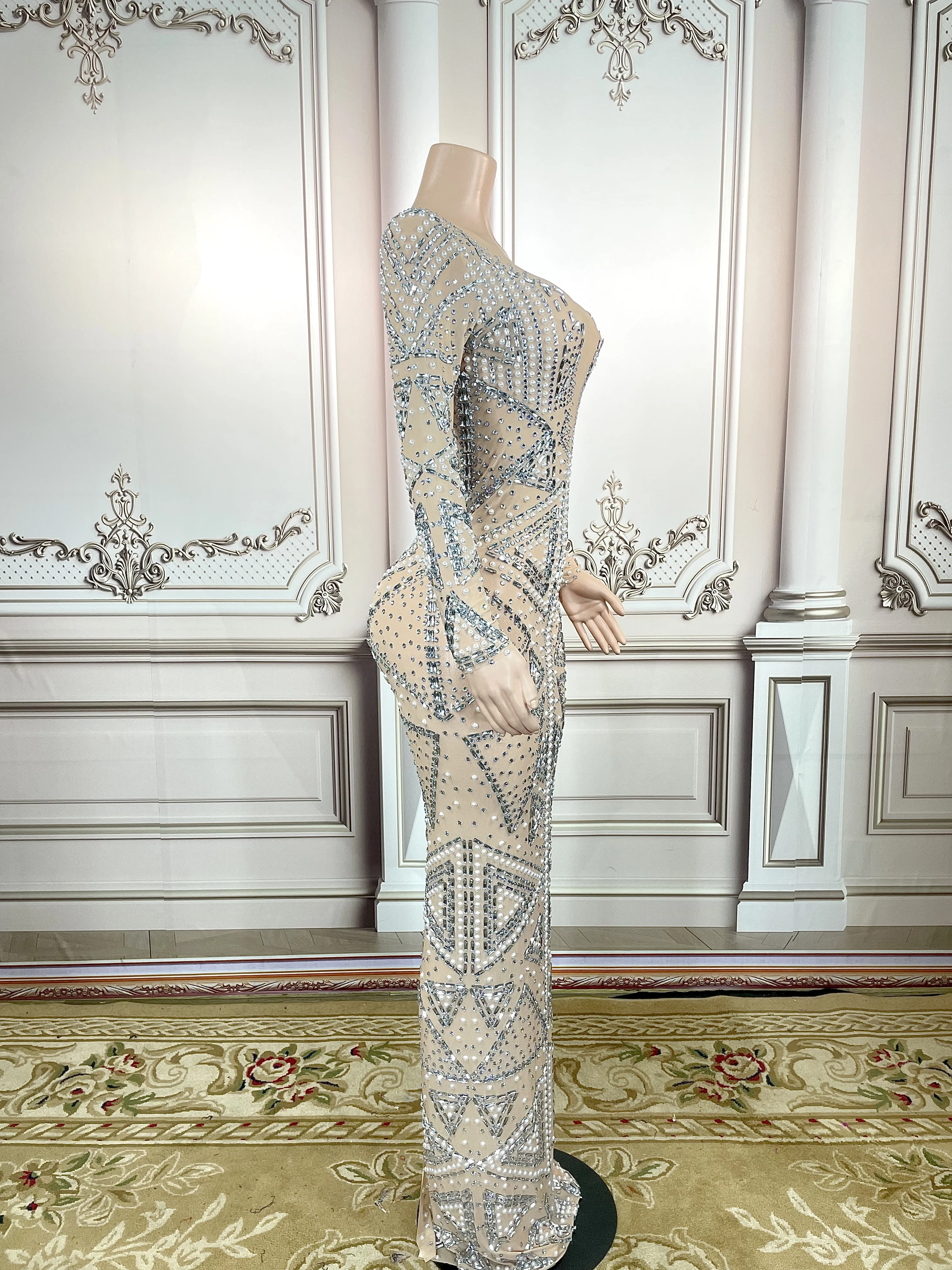 High End Rhinstone Pearls  Evening See throughDress Deep V Festival Showgirl Costume Birthday Formal Real Women Celebrate