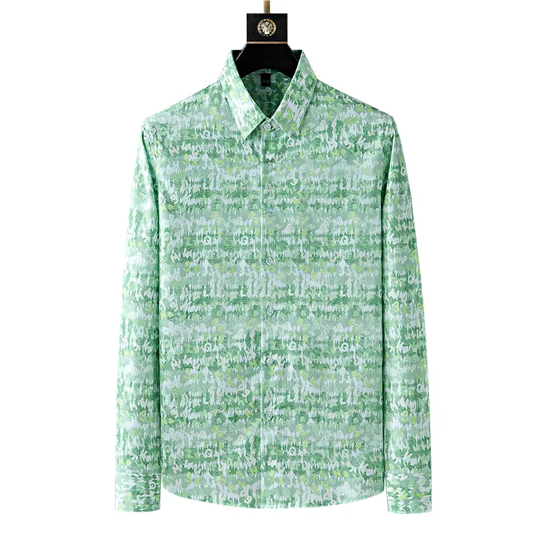 

Spring High Quality Long Sleeve Shirts For Men Turn Down Fashion Casual Green Print Tops