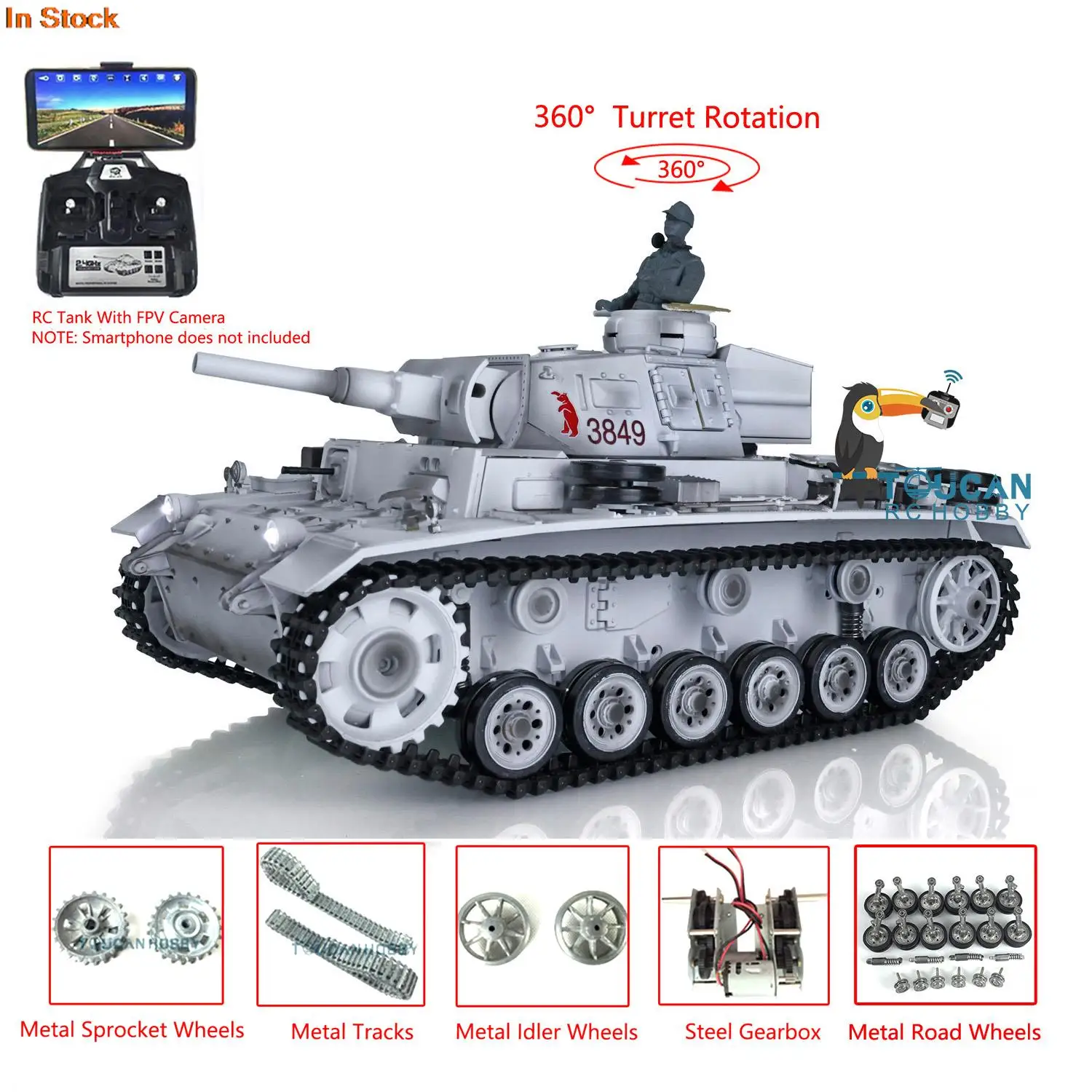 

Toucan Heng Long 1/16 Snow FPV 7.0 Customized Panzer III H RTR RC Tank 3849 Metal Wheels Gearbox Army Toys BB Smoke Unit TH17378