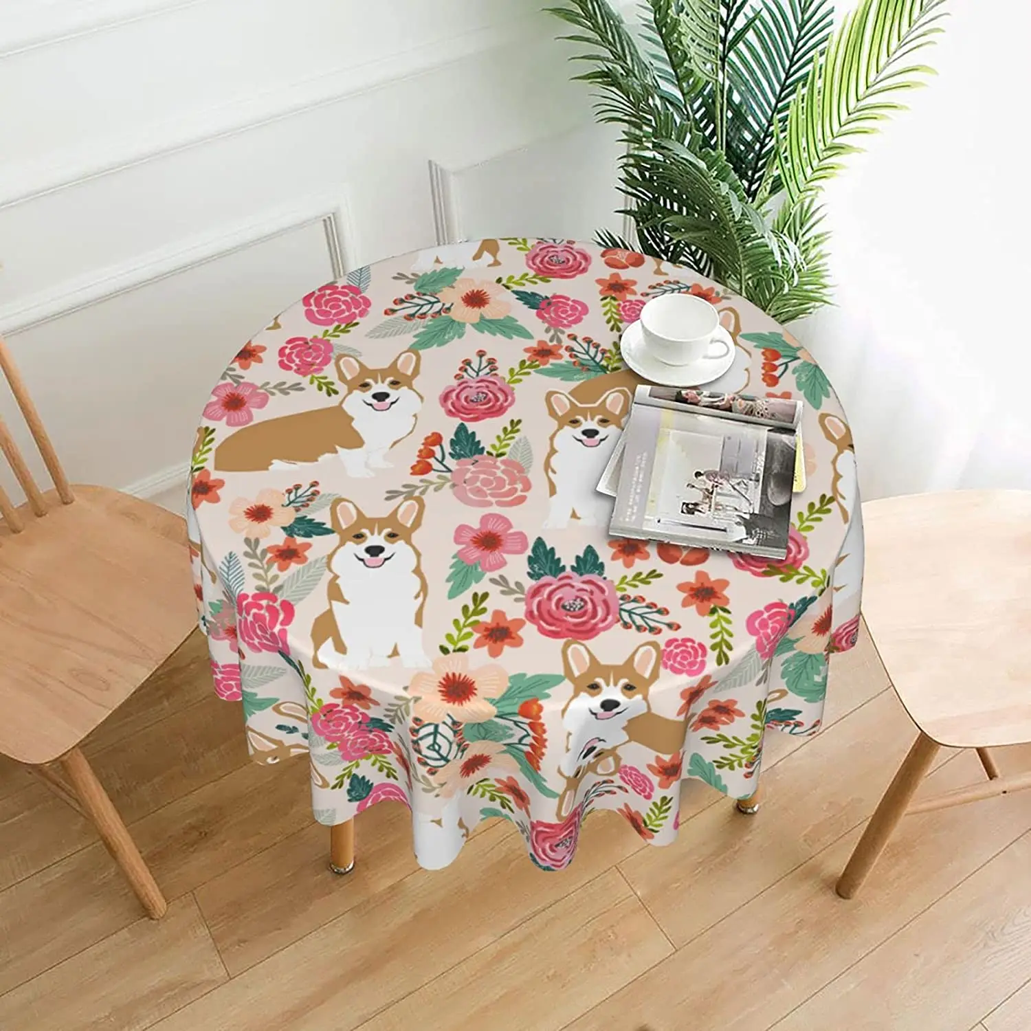 

Waterproof Round Tablecloth,Corgi Floral Flowers Printed Plastic Tablecloth, Washable Outdoor Decorative Tablecloth
