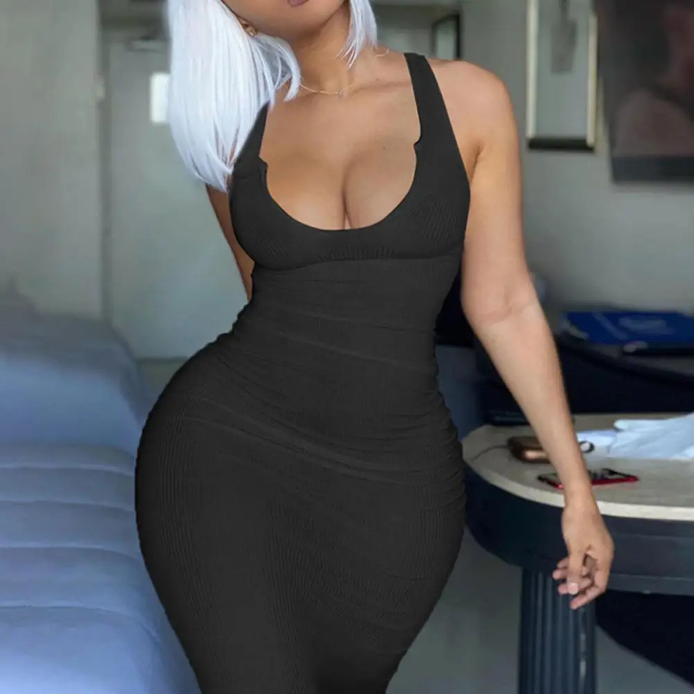 

2023 Women's Breathable Bodycon Maxi Dress Sleeveless Neck Gradient Print Ruched Tank Women's Clothing Dresses Beachwea