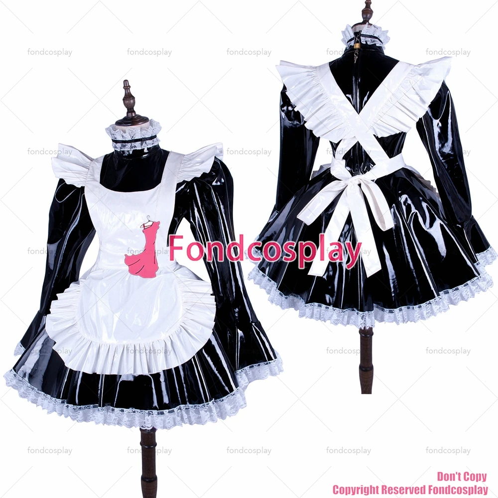 

fondcosplay adult sexy cross dressing sissy maid short heavy PVC lockable Dress vinyl white apron Uniform CD/TV[G1486]