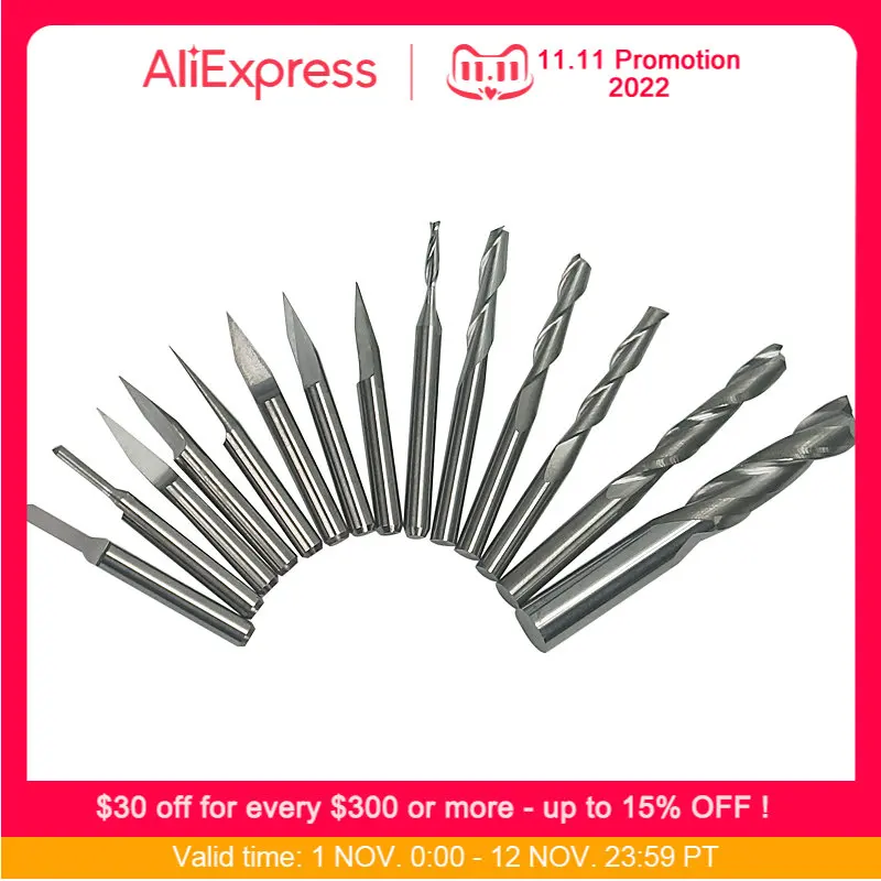 

Hot CNC Parts 14 Pcs Set 3.175mm Drilling Bits for PVC Wood Acryl Material Cutting Engraving Machine Tools Carving Knife Kits