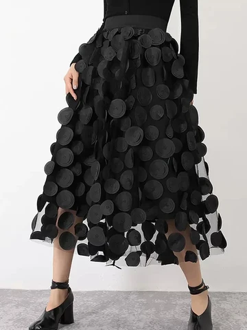 SURMIITRO длинная Плиссированная фатиновая юбка женская 2023 летняя корейская мода в горошек с аппликацией трапециевидной формы высокая талия миди юбка женская