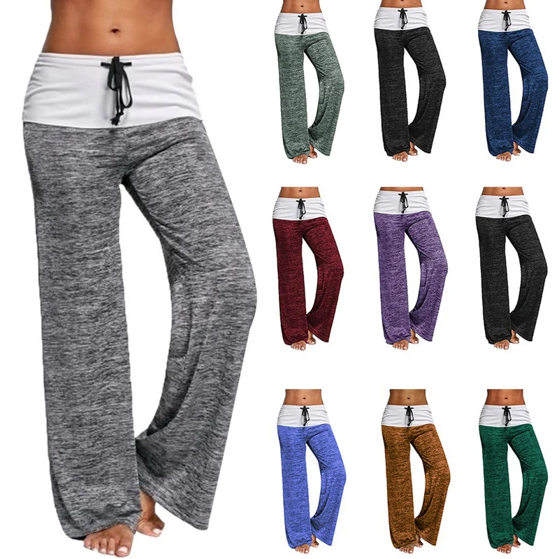 2022 Women Loose Wide Leg Leggings Fitness Lace Up Pants Plus Size High Waisted Patchwork Boot Trousers Pants For Women