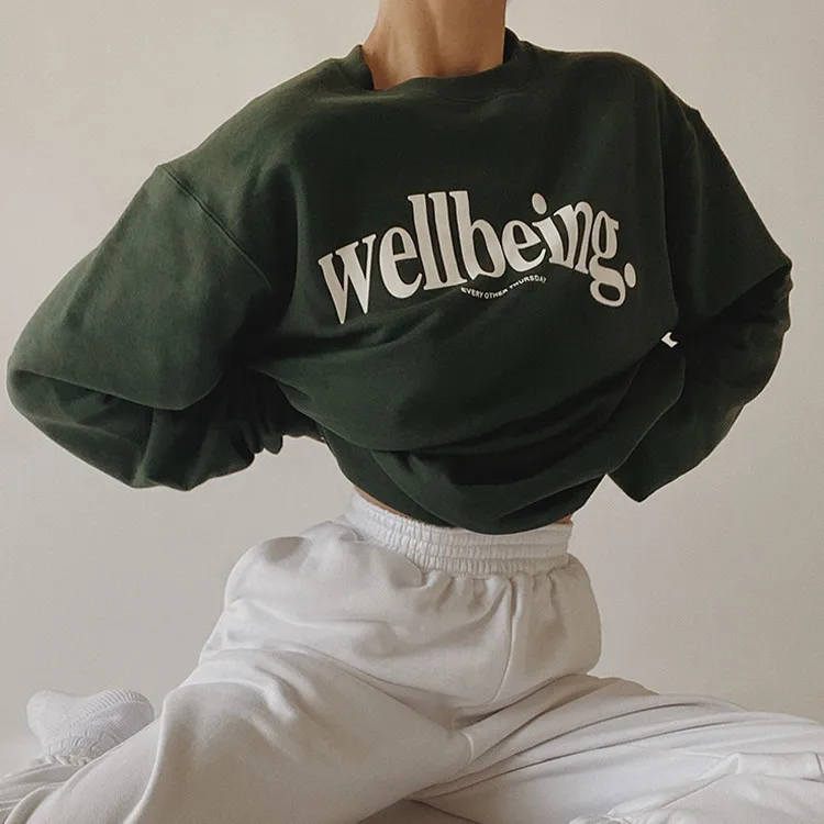 

Dark Green Letter Printing Sweatshirt Women Crewneck Long Sleeve Loose High Street Harajuku Hoodies Korean Fashion Autumn Winter